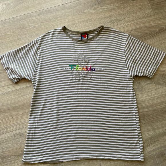 Disney Vintage Rainbow Embroidered Striped Tan & White Mickey Mouse Retro Indie - Picture 2 of 8